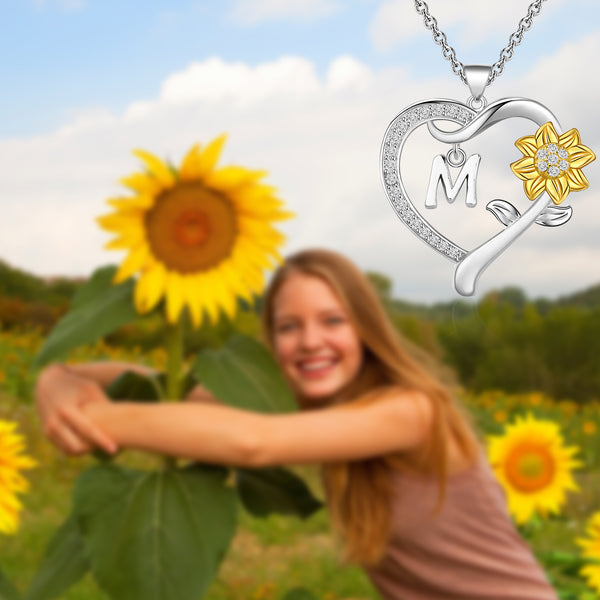 MYOSPARK Sunflower Heart Initial Necklace A-Z 26 Letters Pendant Necklace Heart-shaped Sunflower Jewelry Gifts for Women Girls