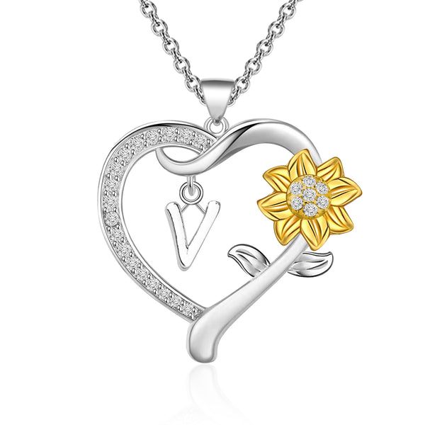 MYOSPARK Sunflower Heart Initial Necklace A-Z 26 Letters Pendant Necklace Heart-shaped Sunflower Jewelry Gifts for Women Girls