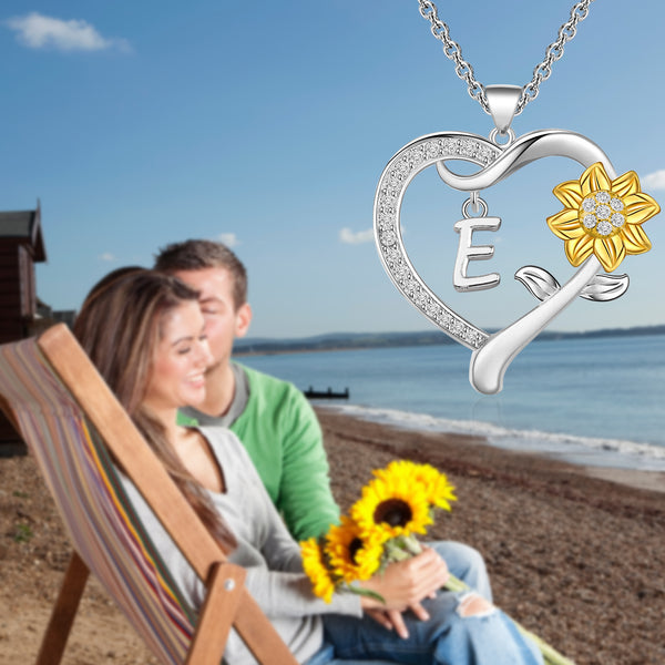 MYOSPARK Sunflower Heart Initial Necklace A-Z 26 Letters Pendant Necklace Heart-shaped Sunflower Jewelry Gifts for Women Girls