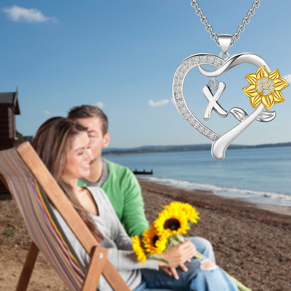 MYOSPARK Sunflower Heart Initial Necklace A-Z 26 Letters Pendant Necklace Heart-shaped Sunflower Jewelry Gifts for Women Girls