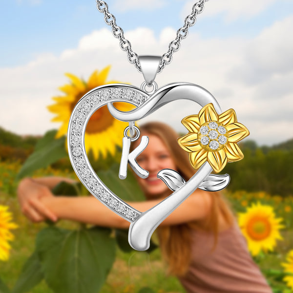 MYOSPARK Sunflower Heart Initial Necklace A-Z 26 Letters Pendant Necklace Heart-shaped Sunflower Jewelry Gifts for Women Girls