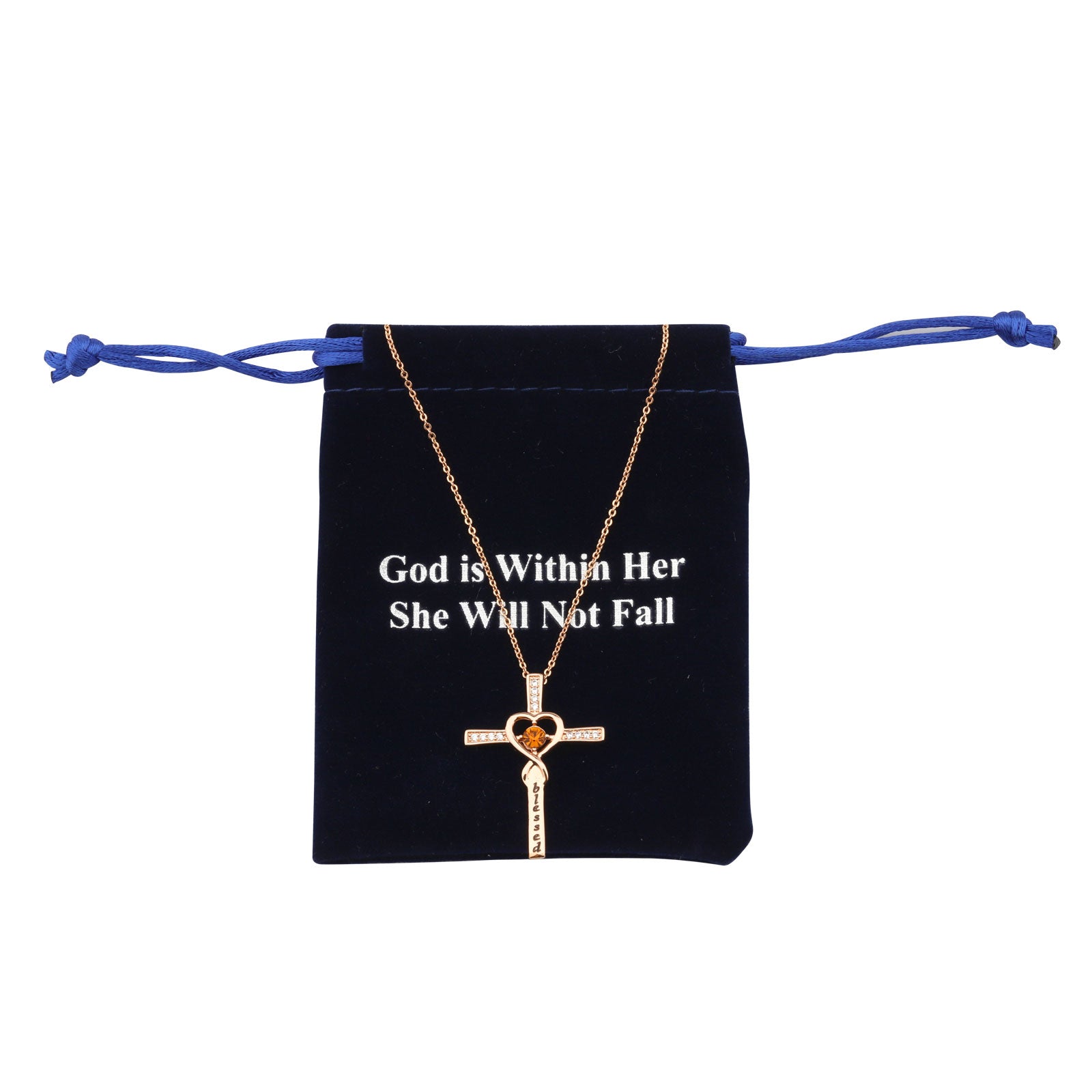 God is Within Her She Will Not Fall Rose Gold Cross Pendant Necklace with Topaz Birthstone Gift for Women