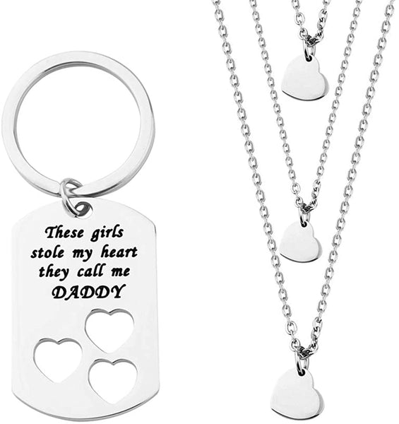 Father Daughter Gift These Girls Stole My Heart They Call Me Daddy Keychain Set Heart Cut out Necklace for Daughter