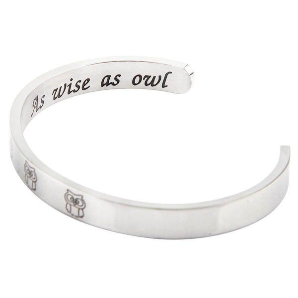 Owl Cuff Bracelet Bangle Engraved Message Bracelet Inspirational Gift to Friends